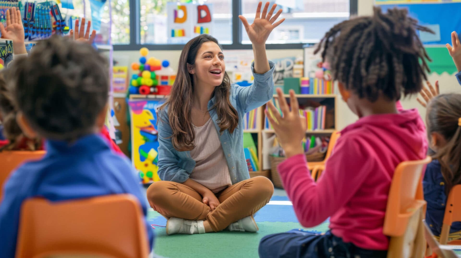 A Kids Cove teacher smiling with her students